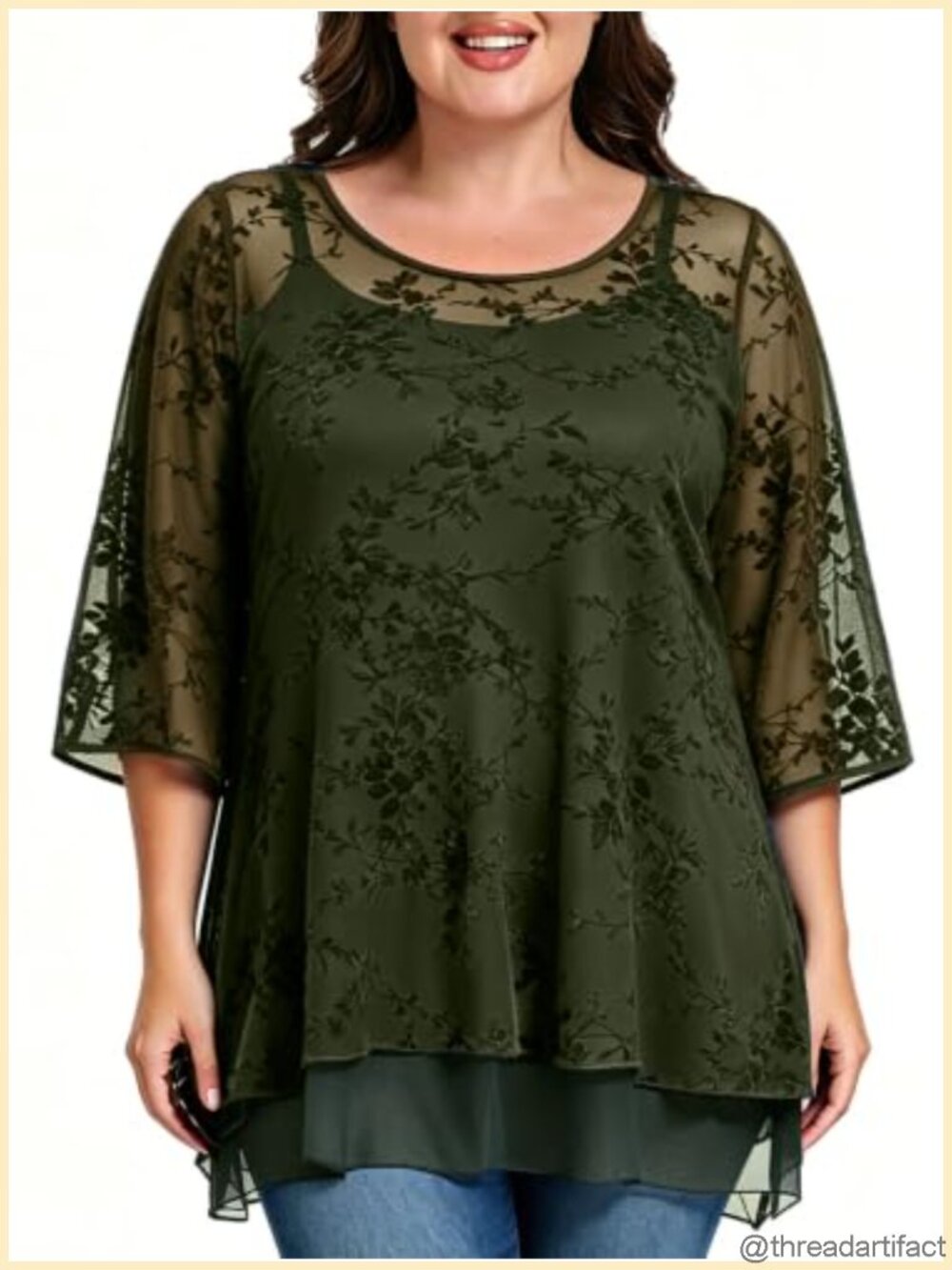 Womens Flocked Mesh Tunic Blouse 3/4 Bell Sleeve Double Layer Business Top